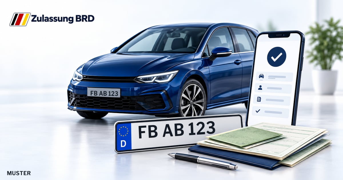 Online Fahrzeugzulassung in Wetteraukreis: Musterkennzeichen FB AB 123, Auto und Fahrzeugpapiere und Smartphone. Illustration mit Logo von Zulassung BRD.